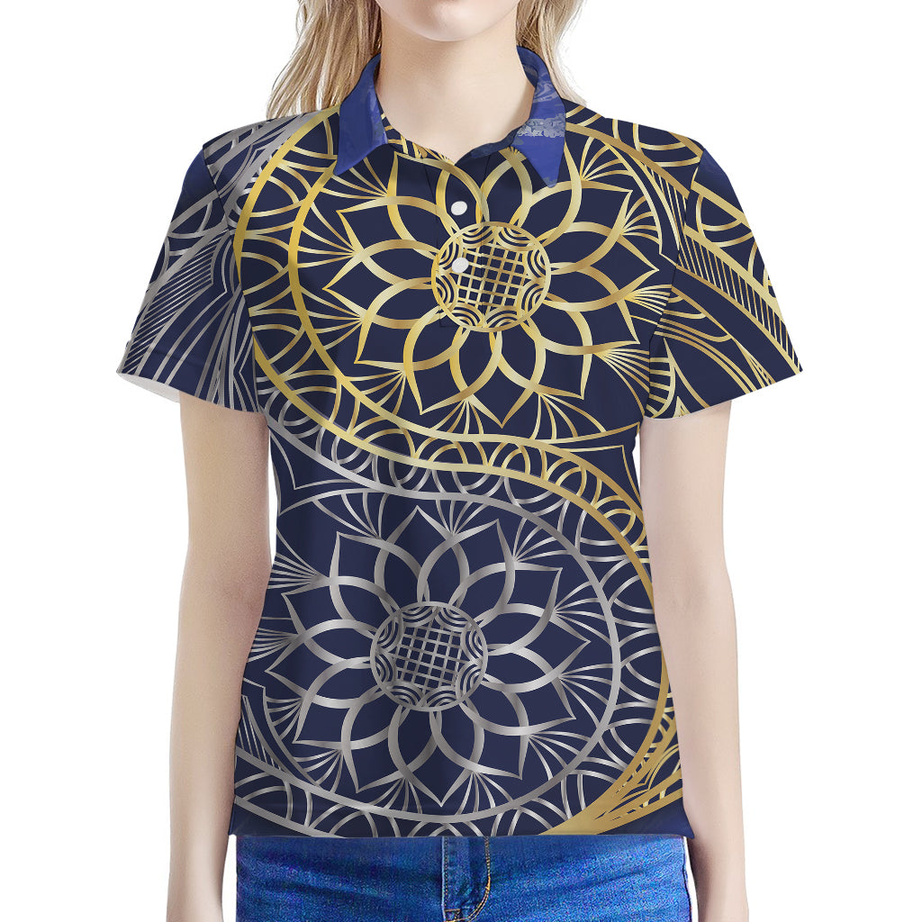 Gold And Grey Yin Yang Flower Print Women's Polo Shirt