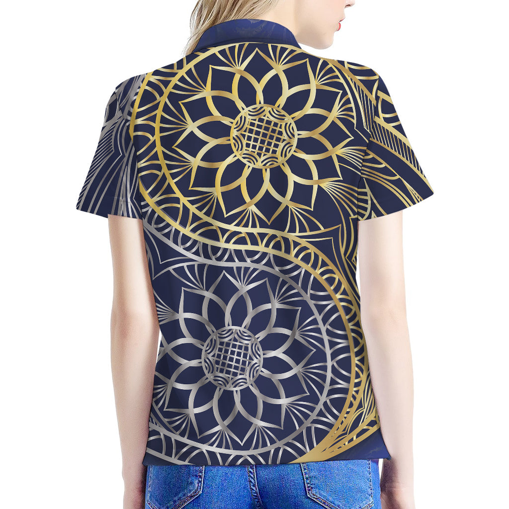 Gold And Grey Yin Yang Flower Print Women's Polo Shirt