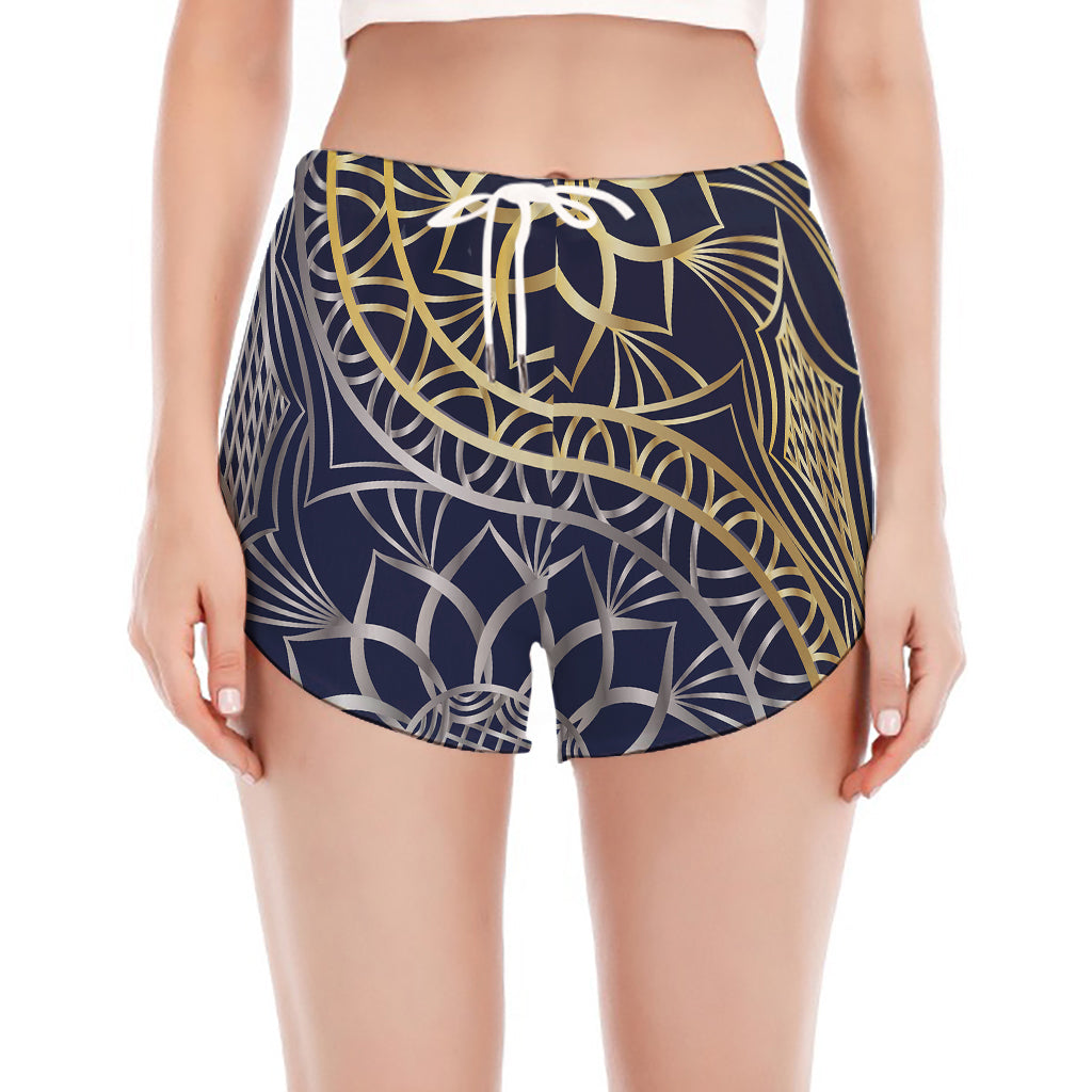 Gold And Grey Yin Yang Flower Print Women's Split Running Shorts