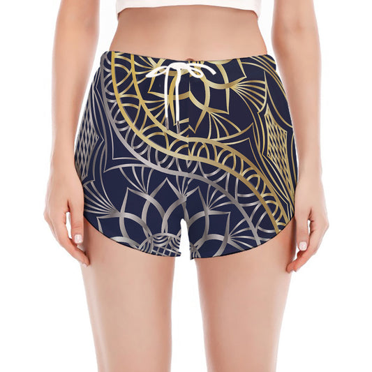 Gold And Grey Yin Yang Flower Print Women's Split Running Shorts