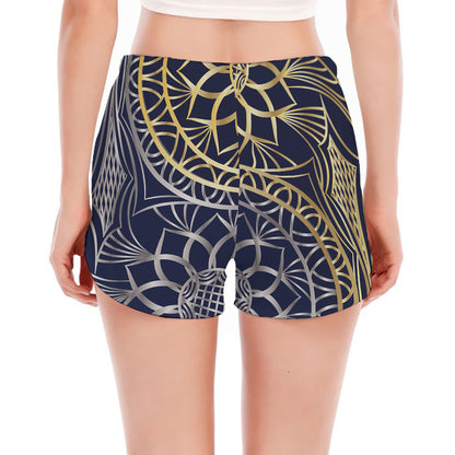 Gold And Grey Yin Yang Flower Print Women's Split Running Shorts
