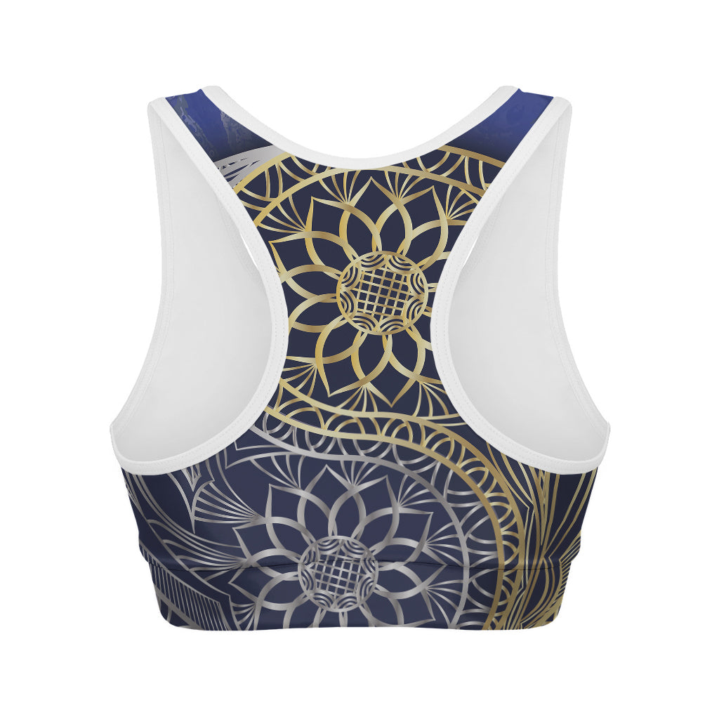 Gold And Grey Yin Yang Flower Print Women's Sports Bra
