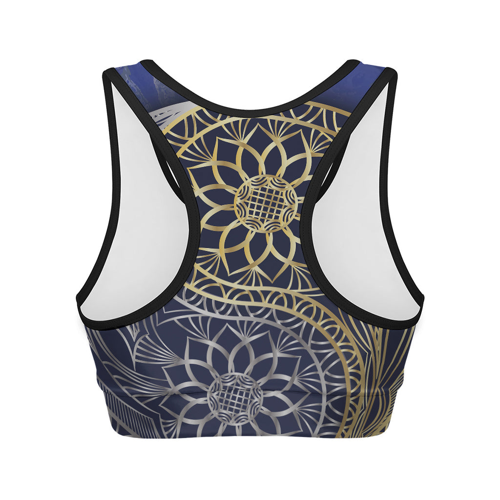 Gold And Grey Yin Yang Flower Print Women's Sports Bra