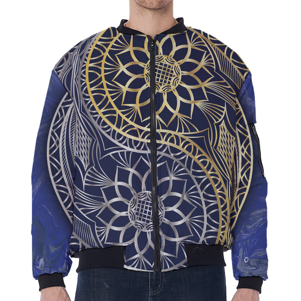 Gold And Grey Yin Yang Flower Print Zip Sleeve Bomber Jacket