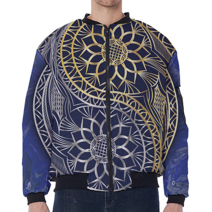 Gold And Grey Yin Yang Flower Print Zip Sleeve Bomber Jacket