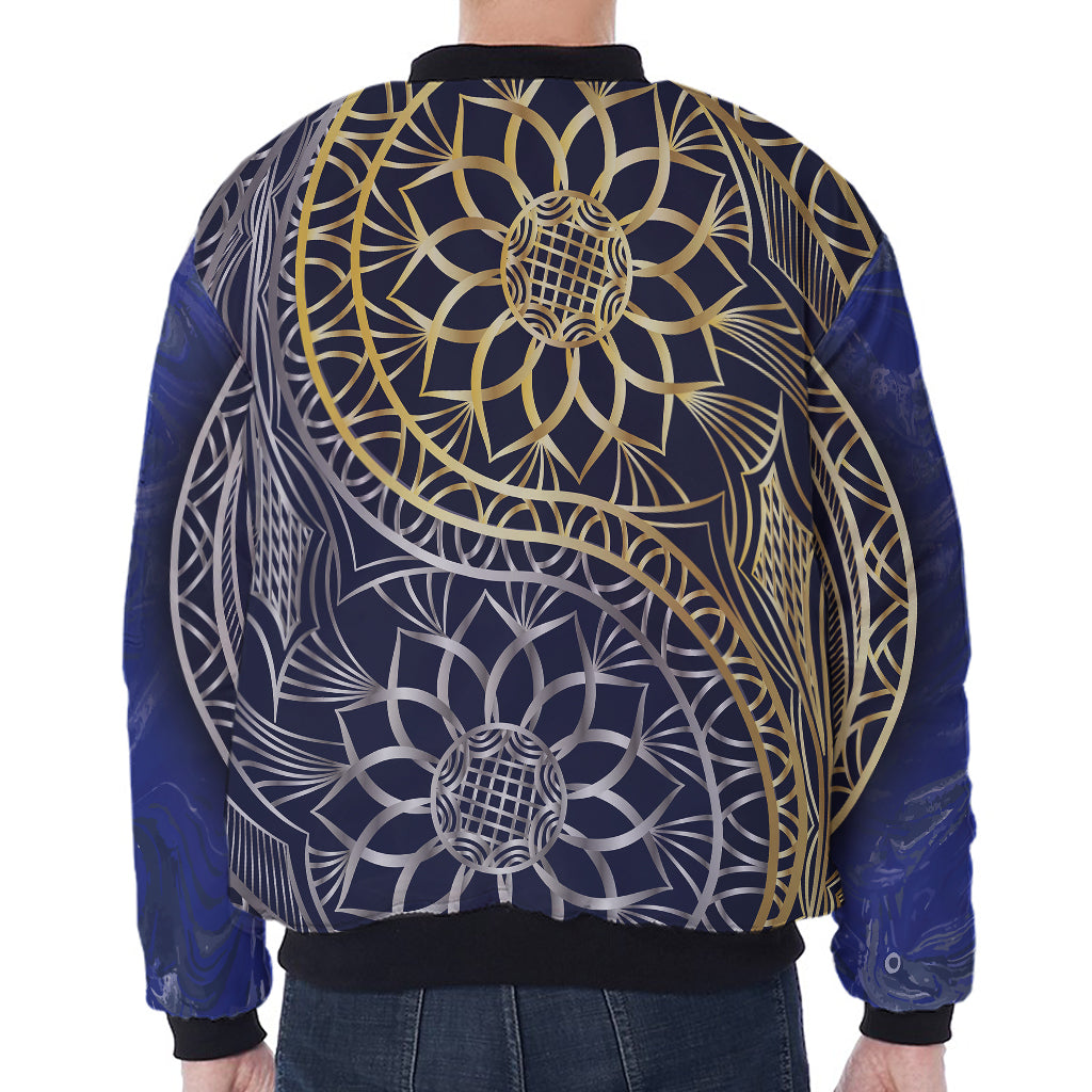 Gold And Grey Yin Yang Flower Print Zip Sleeve Bomber Jacket