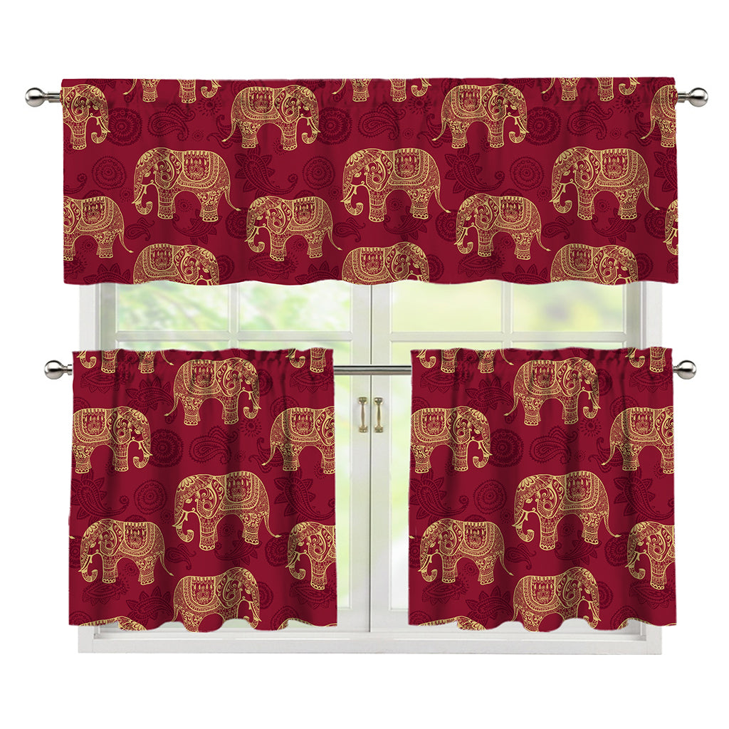 Gold And Red Boho Elephant Print 3 Piece Kitchen Curtains
