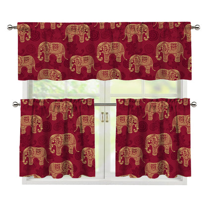Gold And Red Boho Elephant Print 3 Piece Kitchen Curtains