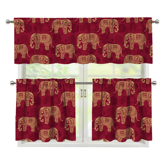 Gold And Red Boho Elephant Print 3 Piece Kitchen Curtains