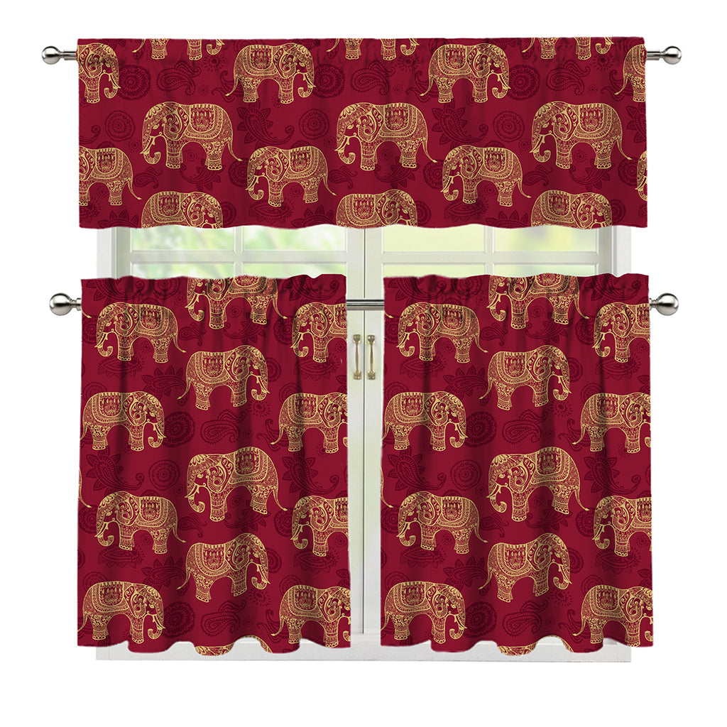 Gold And Red Boho Elephant Print 3 Piece Kitchen Curtains