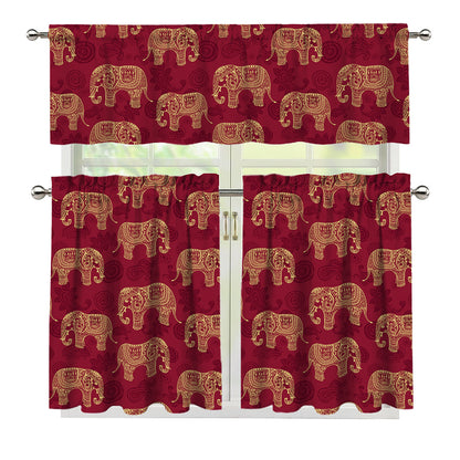 Gold And Red Boho Elephant Print 3 Piece Kitchen Curtains
