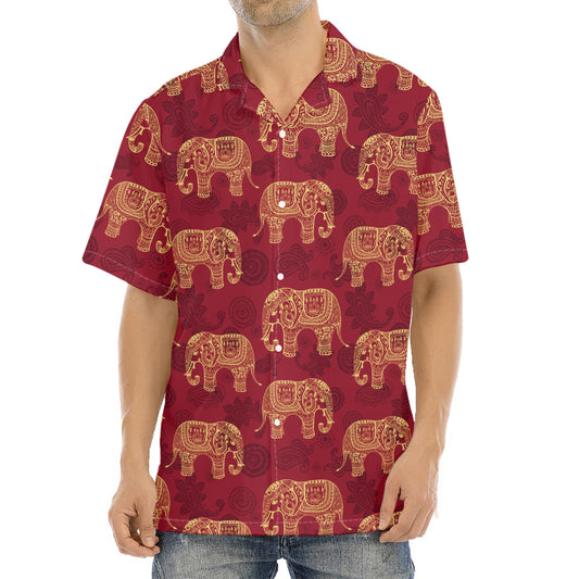Gold And Red Boho Elephant Print Aloha Shirt
