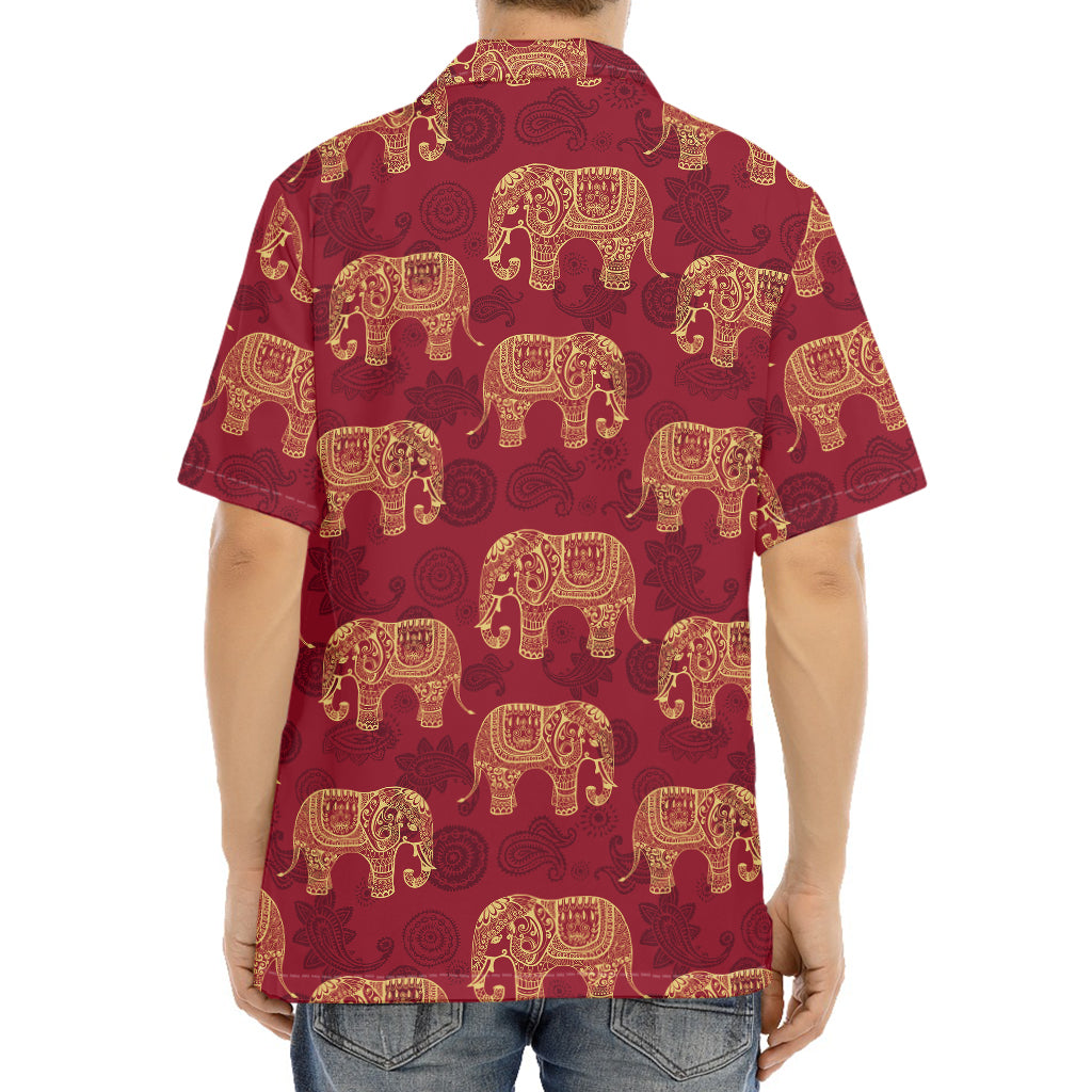 Gold And Red Boho Elephant Print Aloha Shirt
