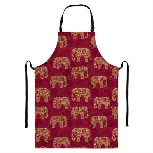 Gold And Red Boho Elephant Print Bib Apron With Pocket