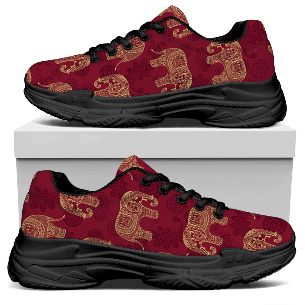 Gold And Red Boho Elephant Print Black Chunky Shoes