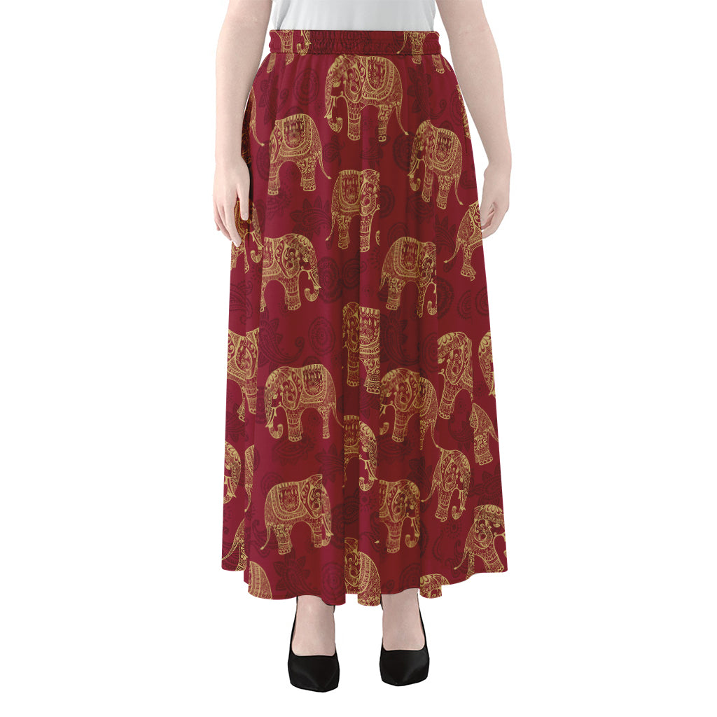Gold And Red Boho Elephant Print Chiffon Maxi Skirt