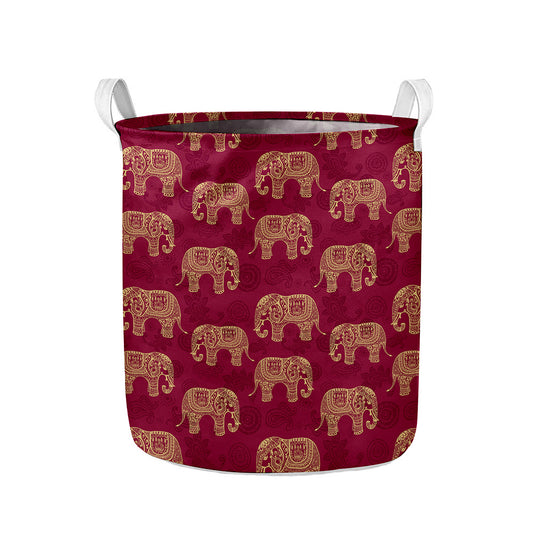 Gold And Red Boho Elephant Print Collapsible Laundry Basket