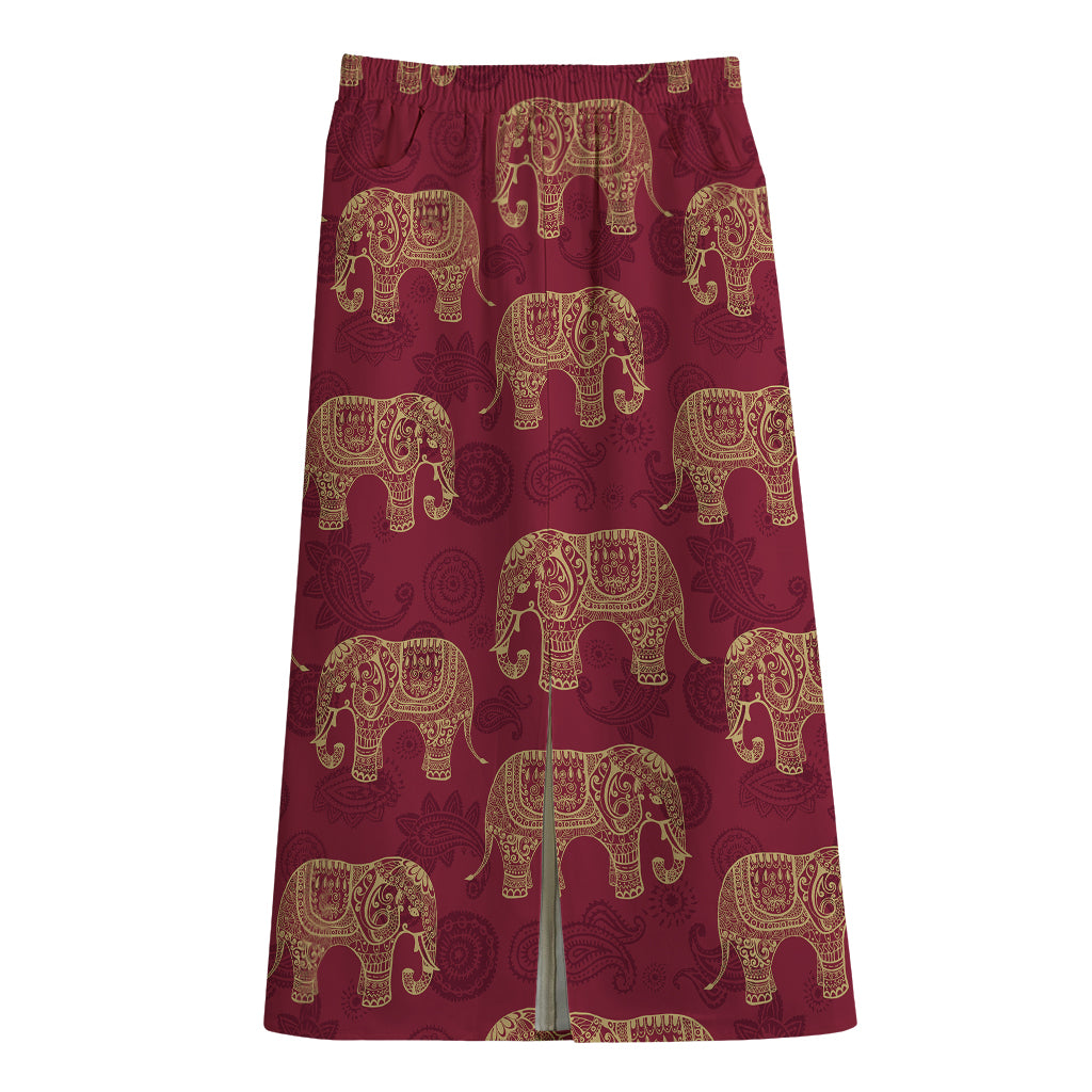 Gold And Red Boho Elephant Print Cotton Front Slit Maxi Skirt