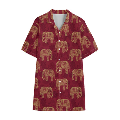 Gold And Red Boho Elephant Print Cotton Hawaiian Shirt