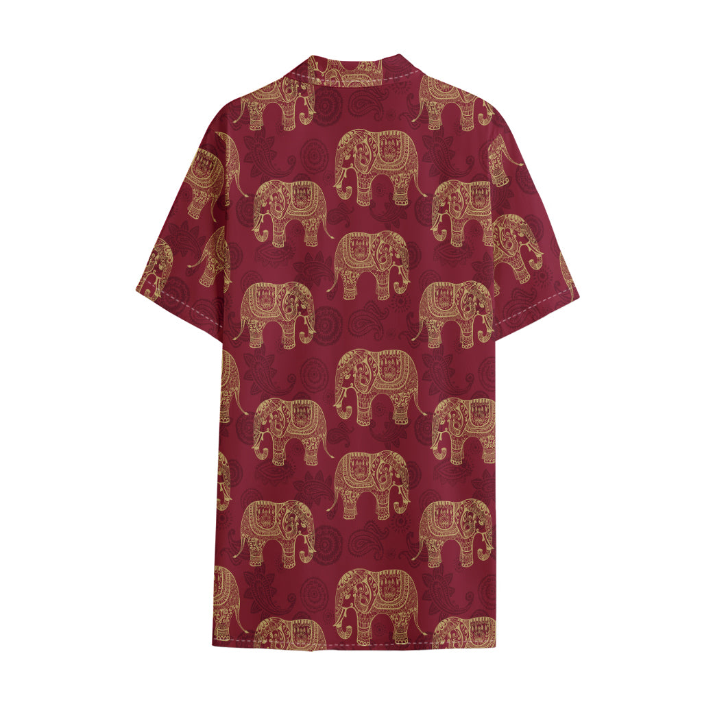 Gold And Red Boho Elephant Print Cotton Hawaiian Shirt