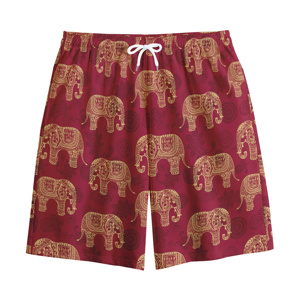 Gold And Red Boho Elephant Print Cotton Shorts