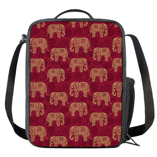 Gold And Red Boho Elephant Print Crossbody Lunch Bag