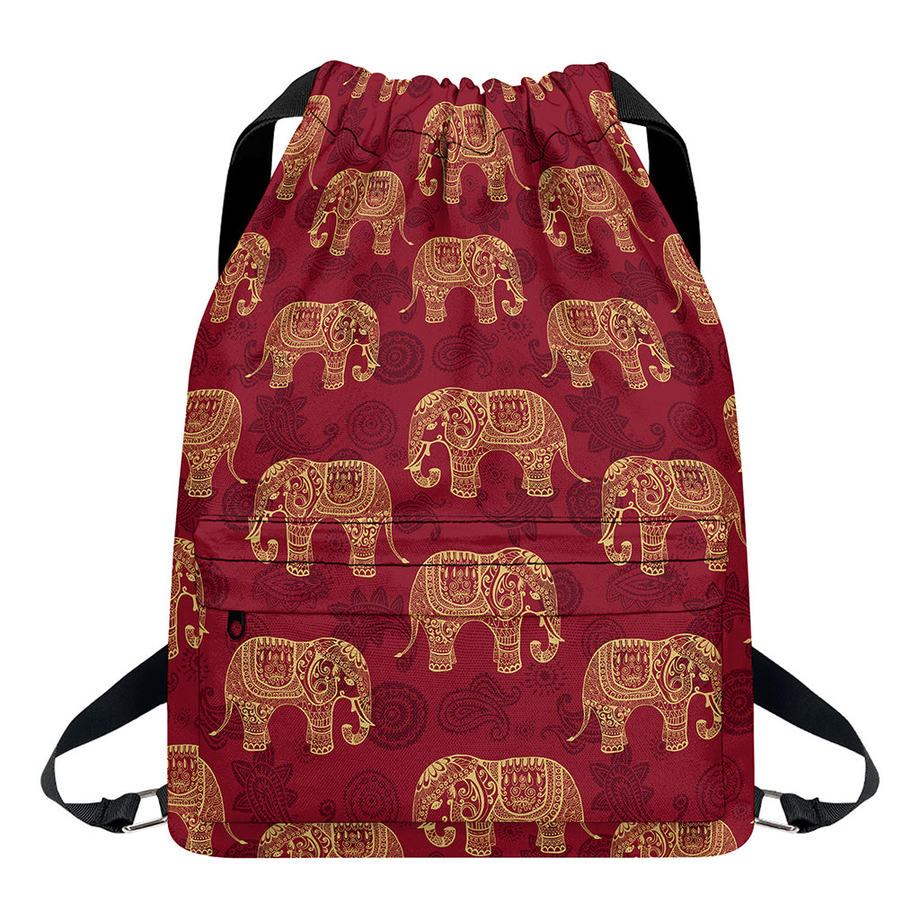 Gold And Red Boho Elephant Print Drawstring Backpack