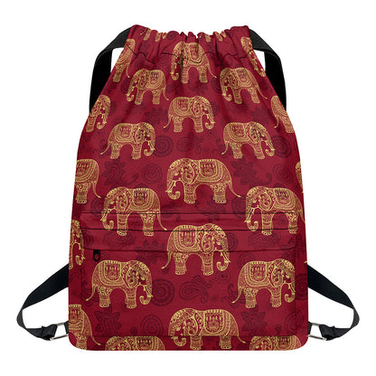 Gold And Red Boho Elephant Print Drawstring Backpack