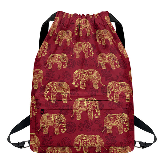 Gold And Red Boho Elephant Print Drawstring Backpack