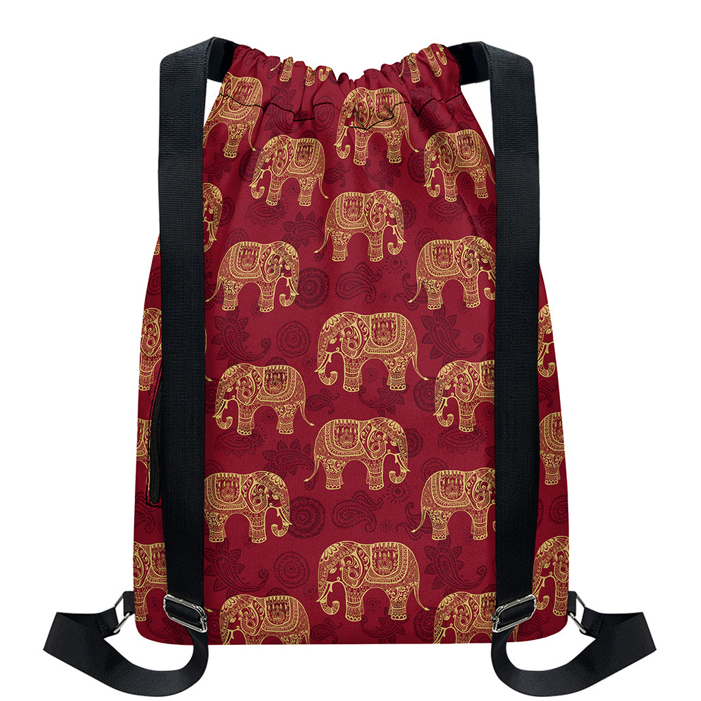 Gold And Red Boho Elephant Print Drawstring Backpack