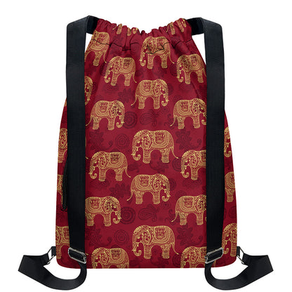Gold And Red Boho Elephant Print Drawstring Backpack