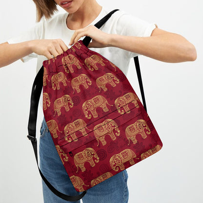 Gold And Red Boho Elephant Print Drawstring Backpack