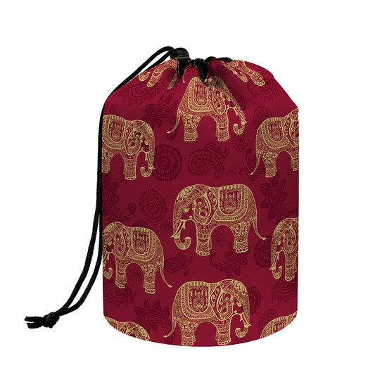 Gold And Red Boho Elephant Print Drawstring Makeup Bag