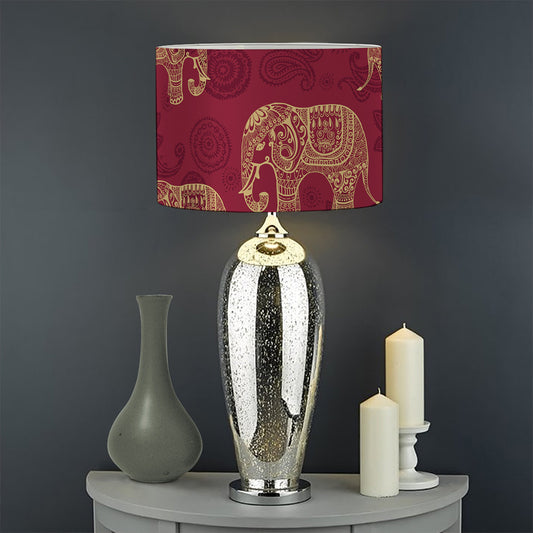 Gold And Red Boho Elephant Print Drum Lamp Shade