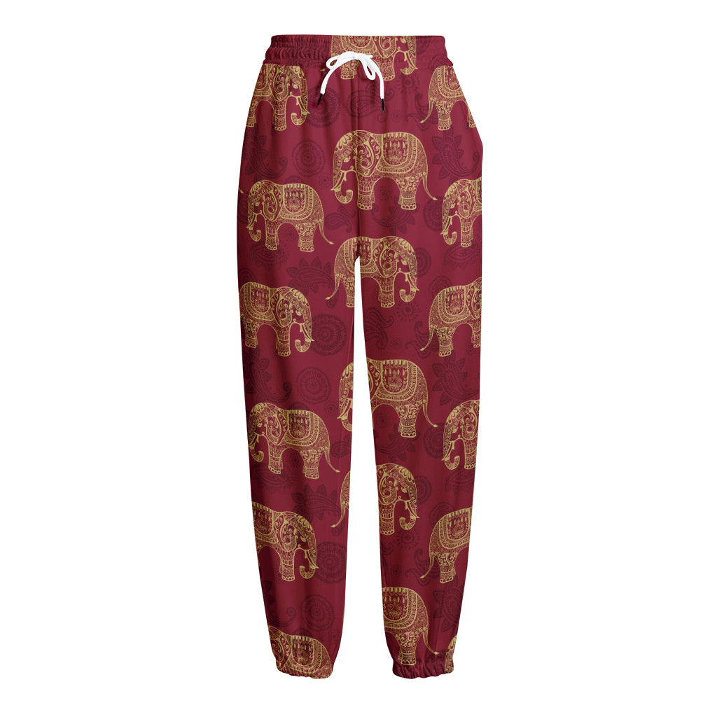 Gold And Red Boho Elephant Print Fleece Lined Knit Pants