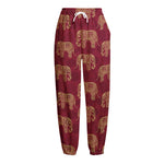 Gold And Red Boho Elephant Print Fleece Lined Knit Pants