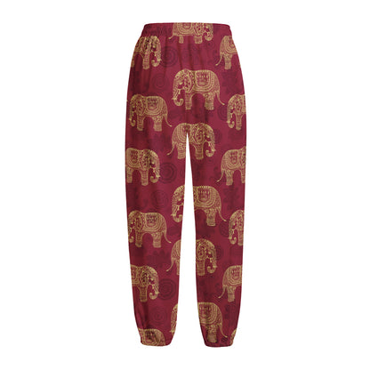 Gold And Red Boho Elephant Print Fleece Lined Knit Pants