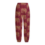 Gold And Red Boho Elephant Print Fleece Lined Knit Pants
