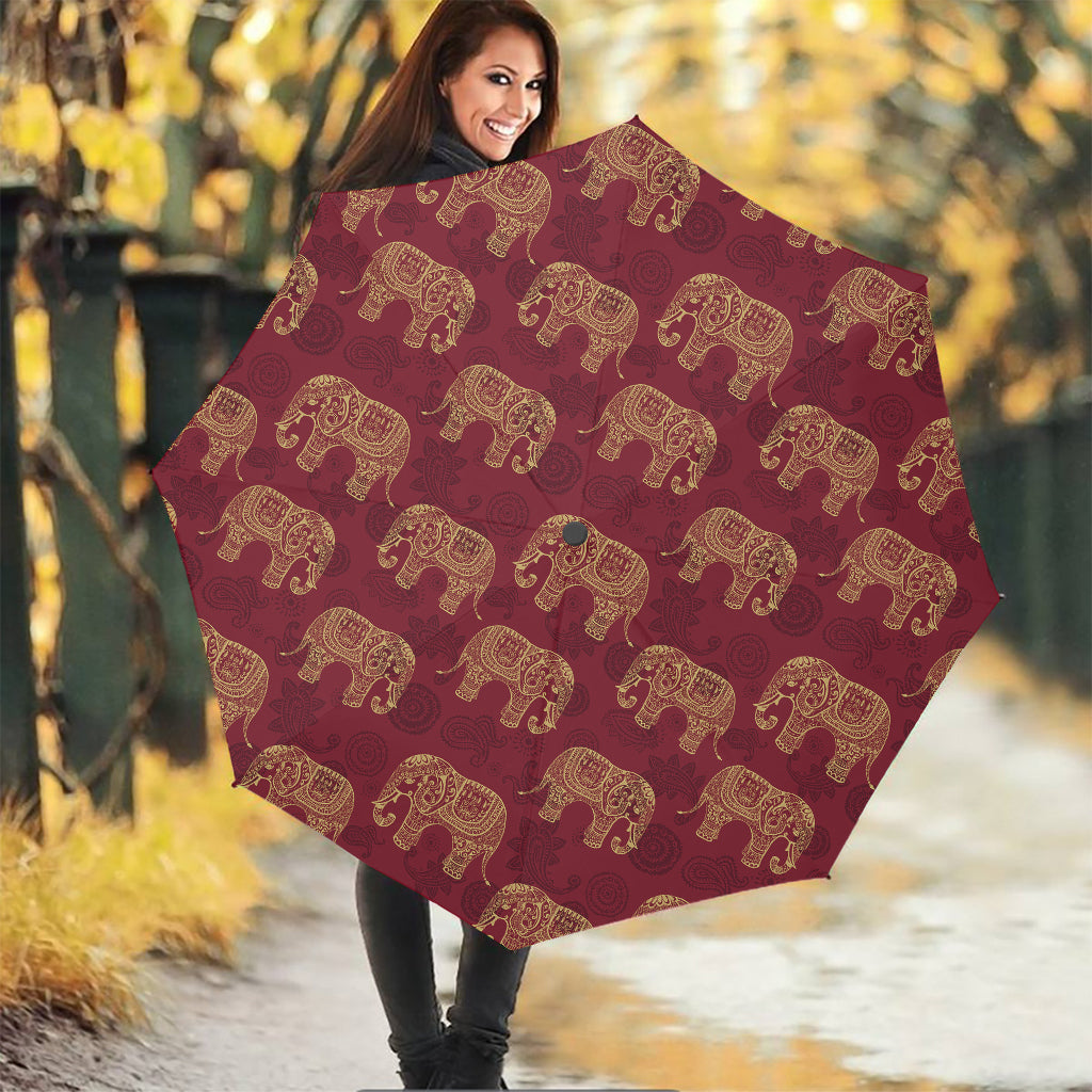 Gold And Red Boho Elephant Print Foldable Umbrella