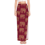 Gold And Red Boho Elephant Print High Slit Maxi Skirt