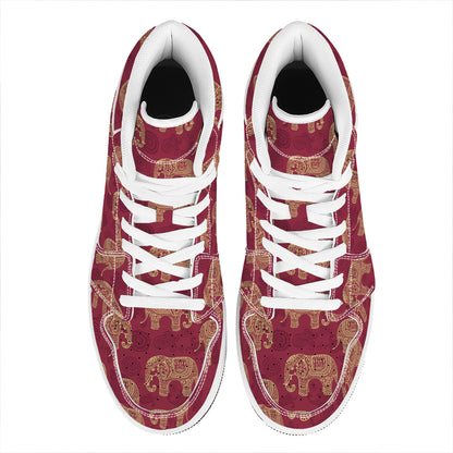 Gold And Red Boho Elephant Print High Top Leather Sneakers