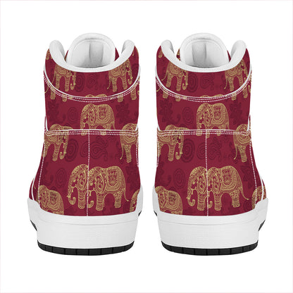Gold And Red Boho Elephant Print High Top Leather Sneakers
