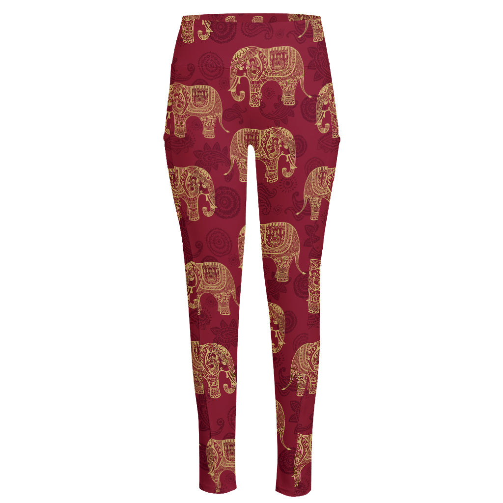 Gold And Red Boho Elephant Print High-Waisted Pocket Leggings