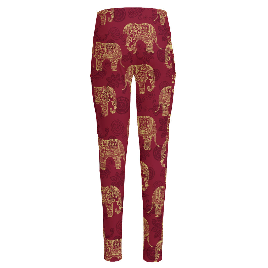 Gold And Red Boho Elephant Print High-Waisted Pocket Leggings
