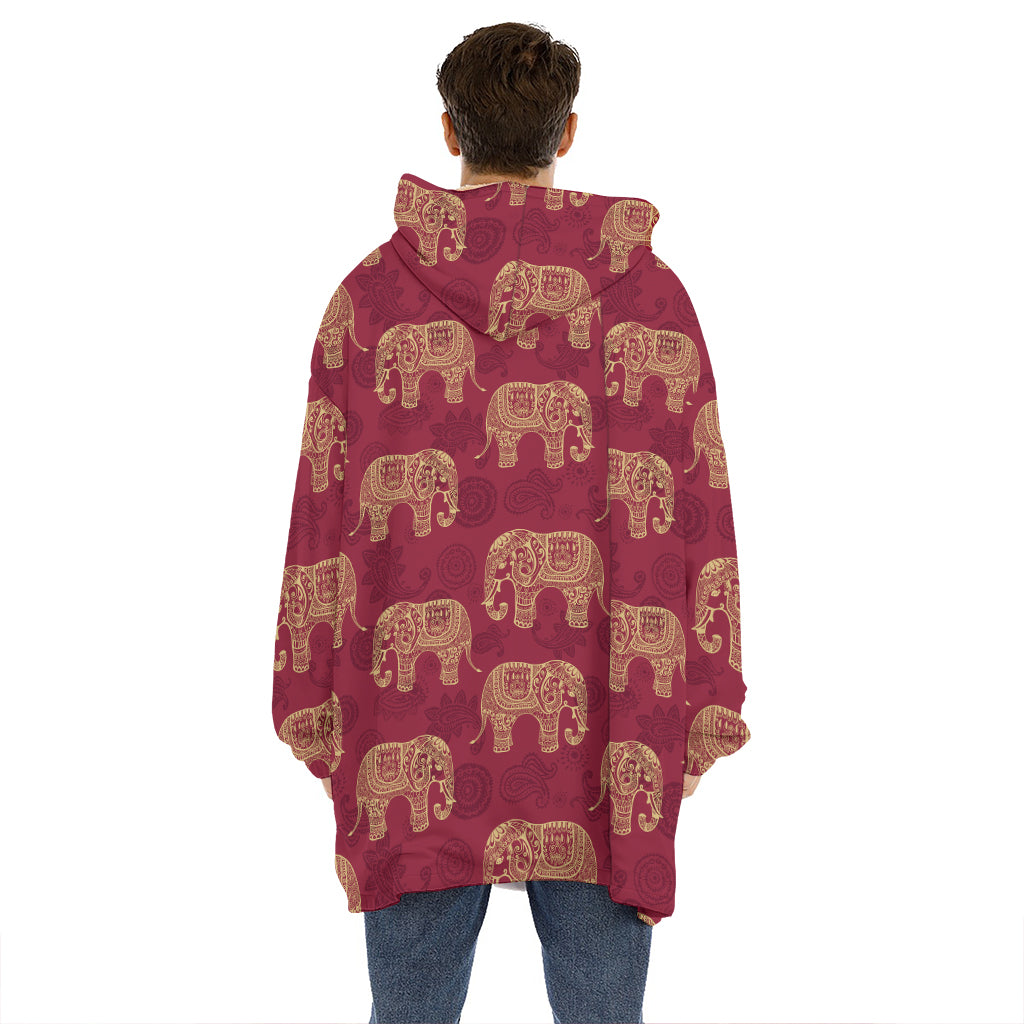 Gold And Red Boho Elephant Print Hoodie Blanket