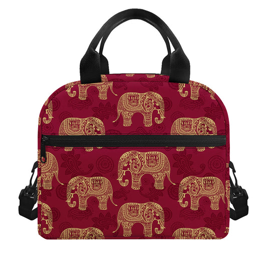 Gold And Red Boho Elephant Print Insulated Lunch Bag