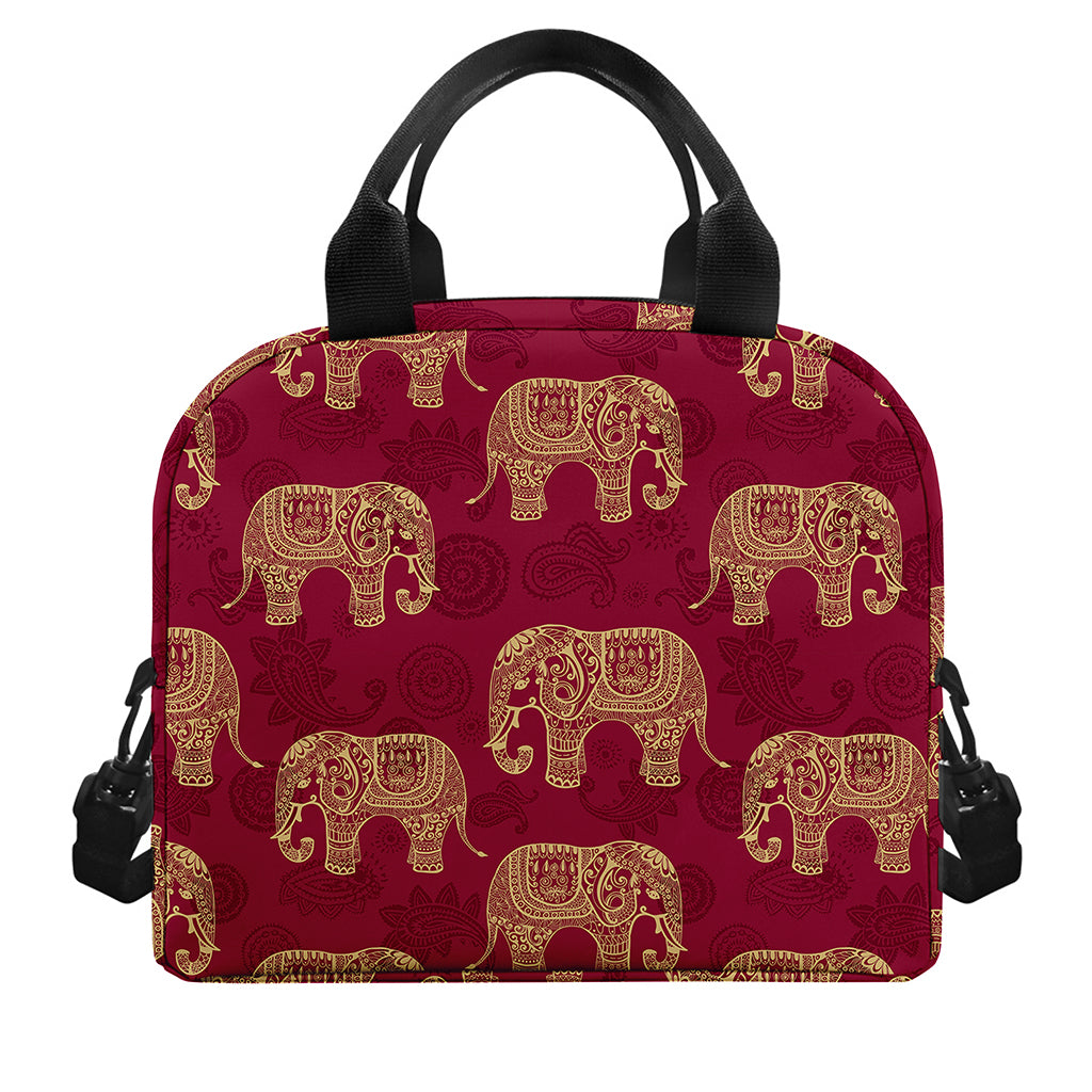 Gold And Red Boho Elephant Print Insulated Lunch Bag