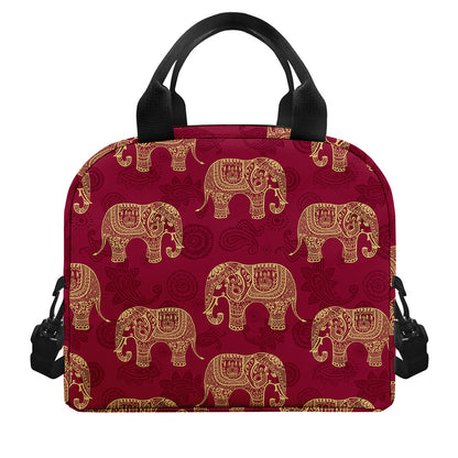Gold And Red Boho Elephant Print Insulated Lunch Bag