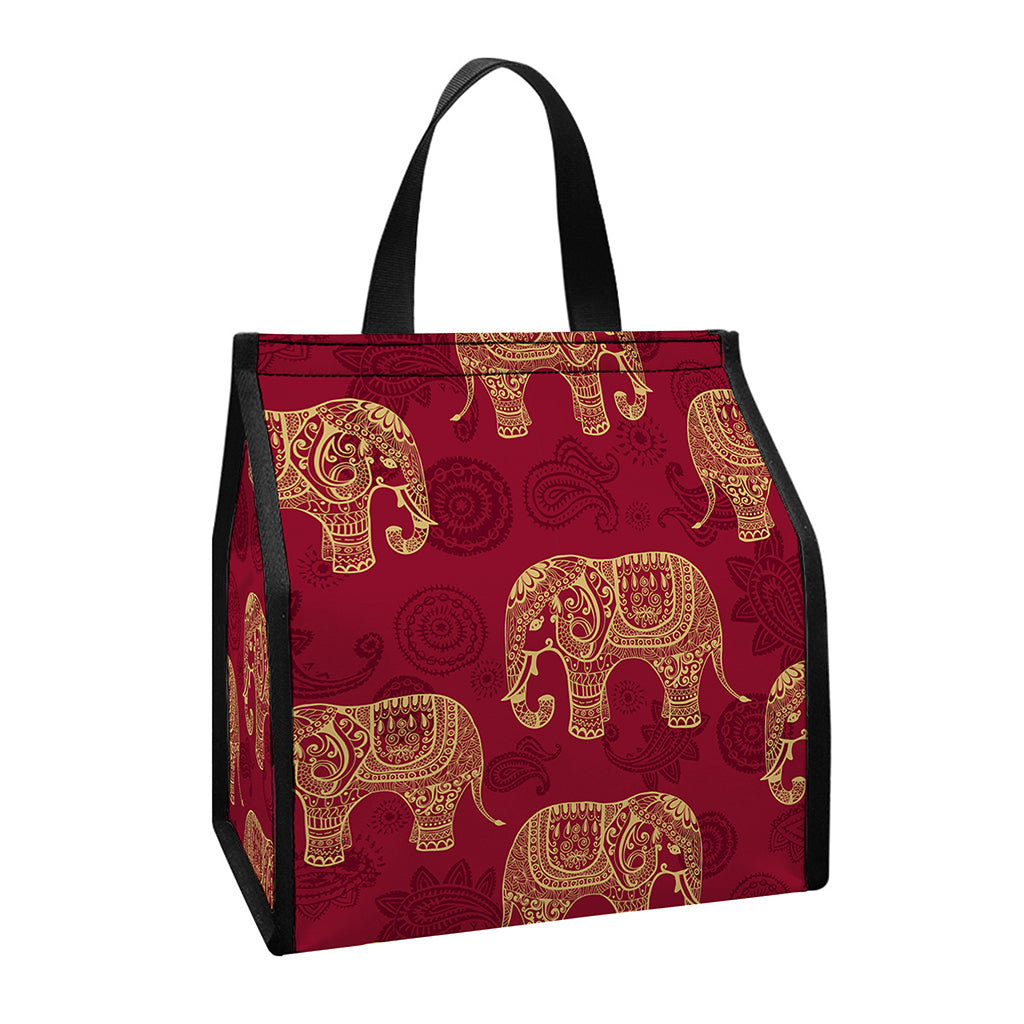 Gold And Red Boho Elephant Print Insulated Lunch Tote