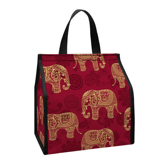 Gold And Red Boho Elephant Print Insulated Lunch Tote